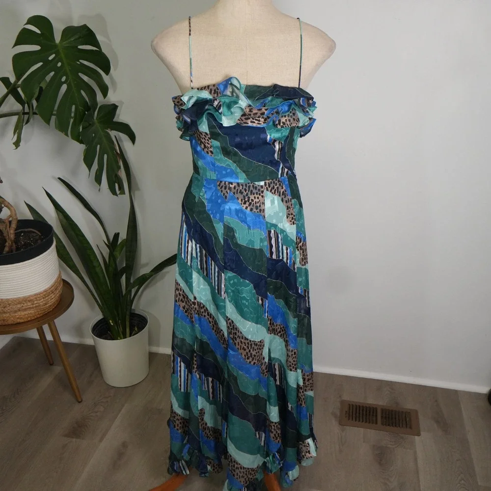 Hutch Maxi Dress 00 Blue Teal Abstract Leopard Ruffle Spaghetti Strap 10247